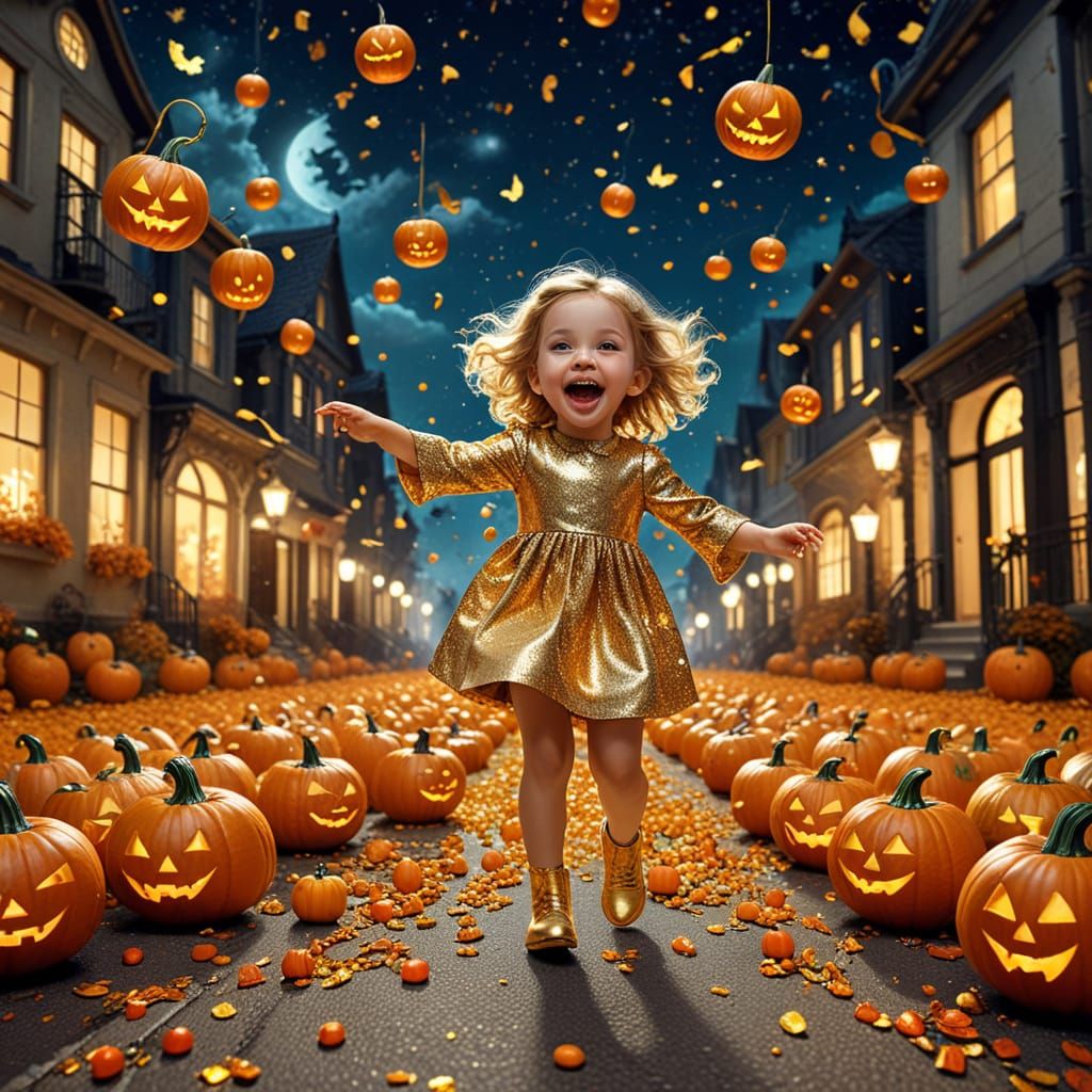 Klimt Style Halloween Night With Flying Pumpkins and Candies