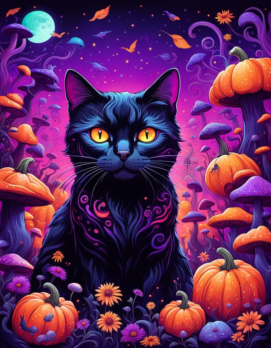 Psychedelic Black Cat in Autumn Fantasy