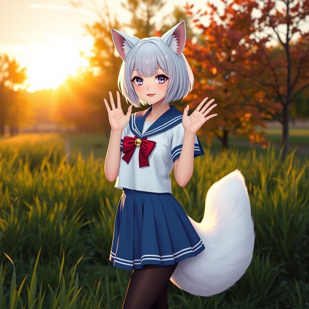 Whimsical Japanese Girl in Sailor Uniform with Cat Ears and ...