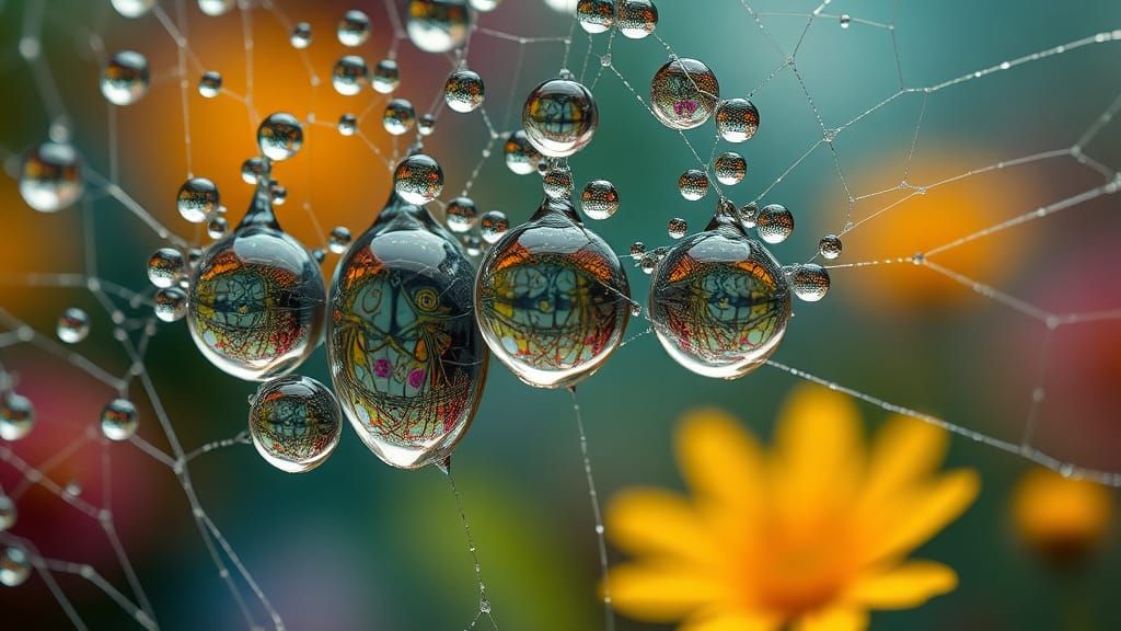 Dewdrop Utopia: Surreal Macro Shot in Maximalist Style