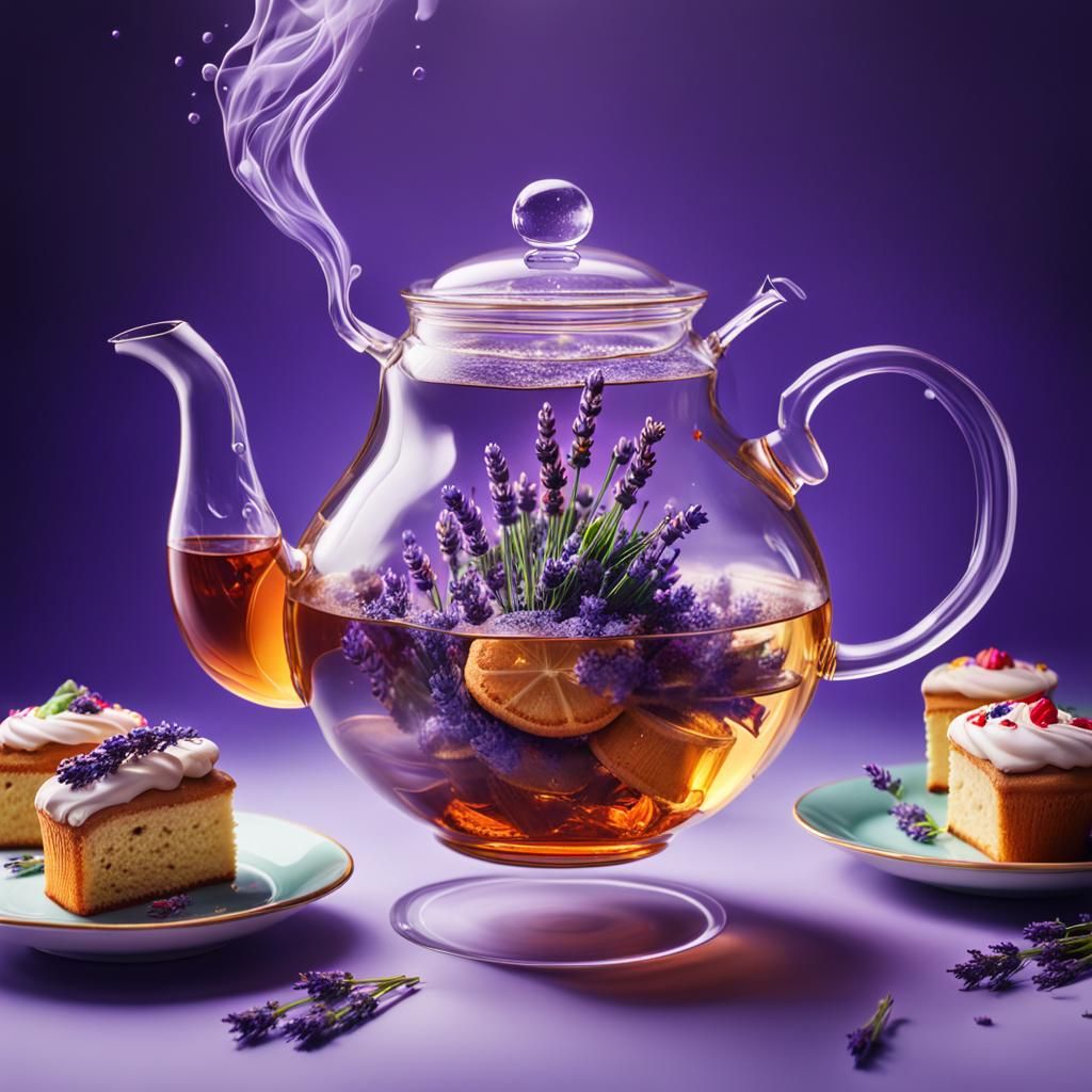 Lavender Teapot with Cakes: Hyperrealistic Concept Art