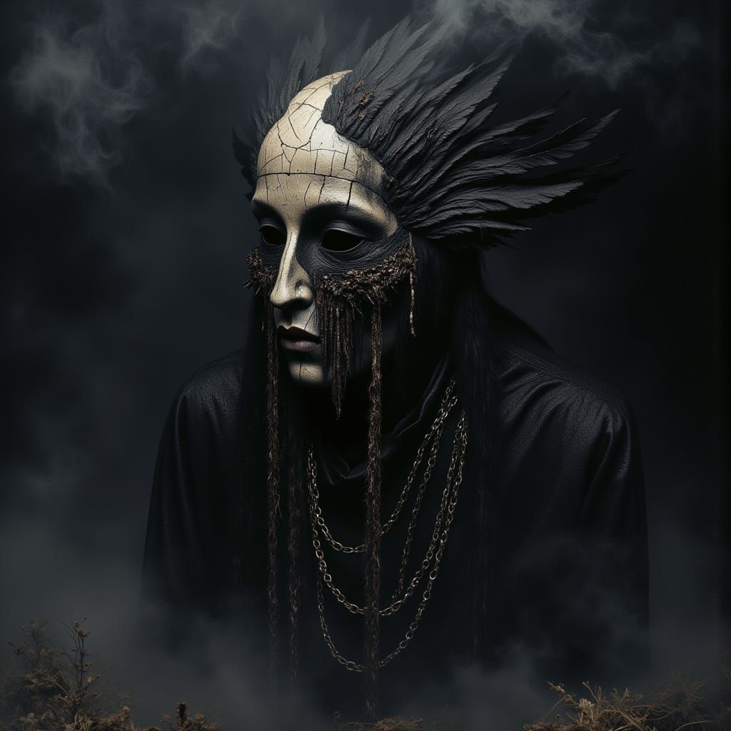 Enigmatic Figure in the Void: A Mystic's Masked Vigil
