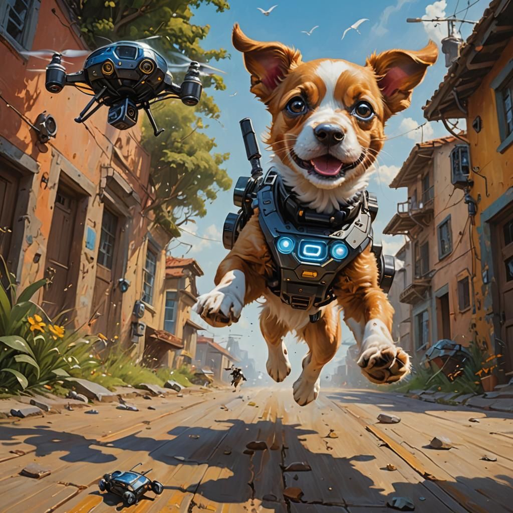Cyborg Puppy's Playful Drone Chase: Hyperrealistic Oil Paint...