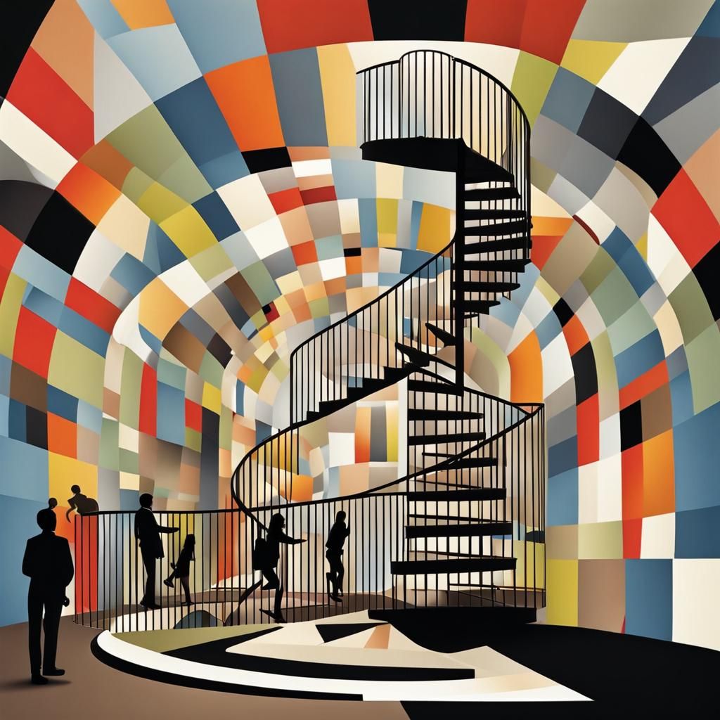 People climbing Spiral staircase, abstract background, By gerd arntz