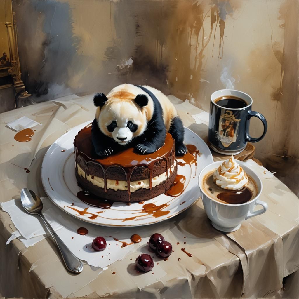 Panda Bear in Chocolate Cake, Watercolor Art