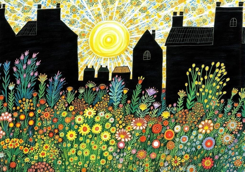 Sunlit Garden Between Dark Houses: Fairytale World