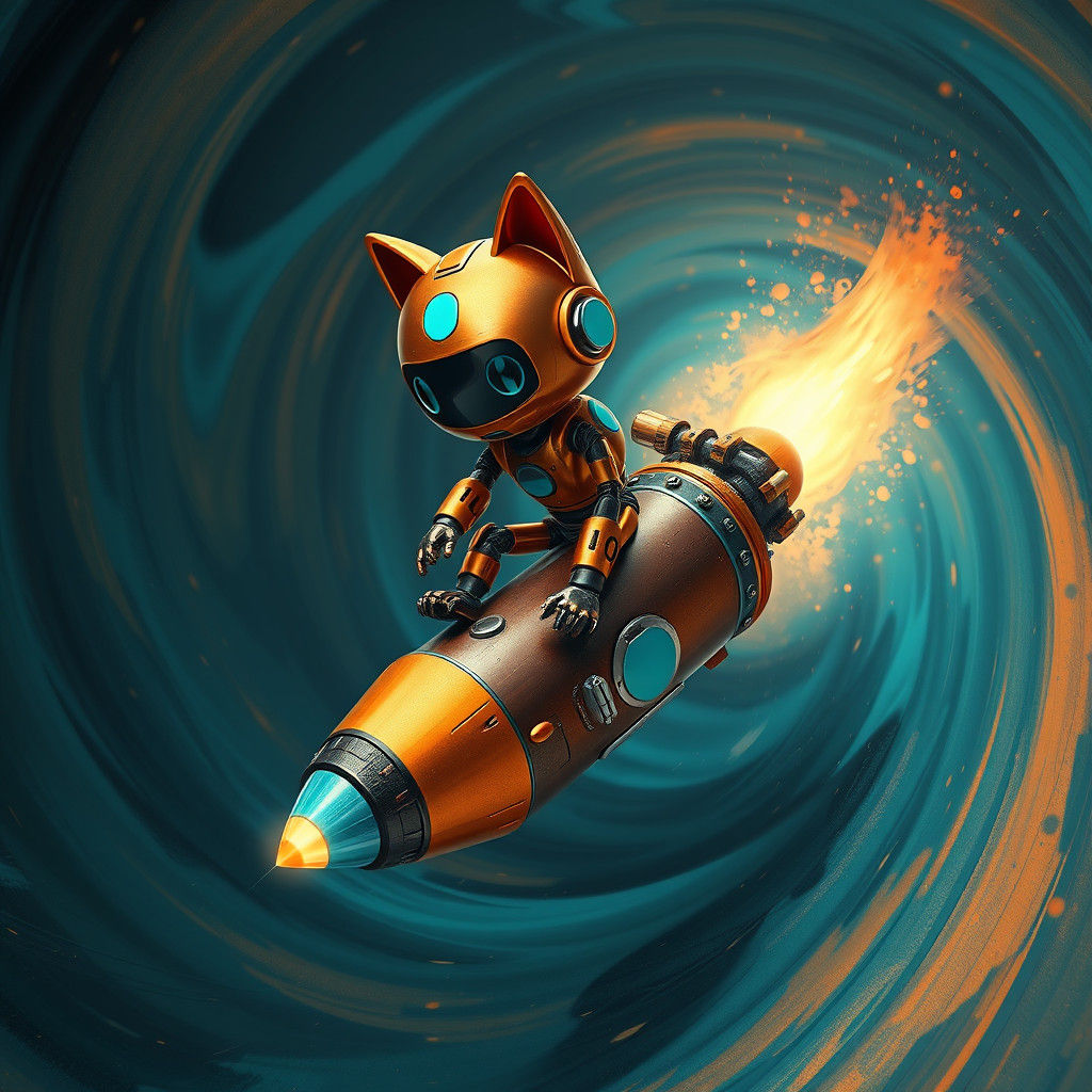 Robot Surfing on Rocket in Retro-Futuristic Style