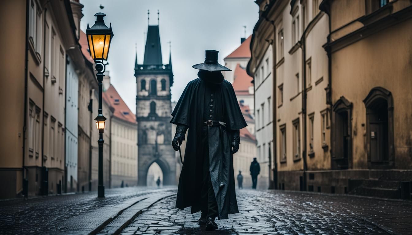 Plague Doctor Walks Prague Street: Photography Aesthetic