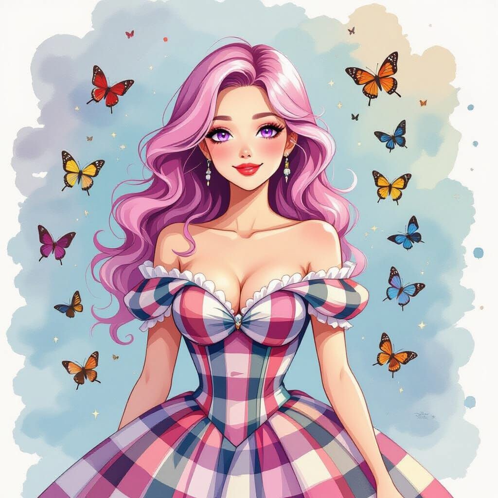 Pink-Haired Woman with Moths in Watercolor Style