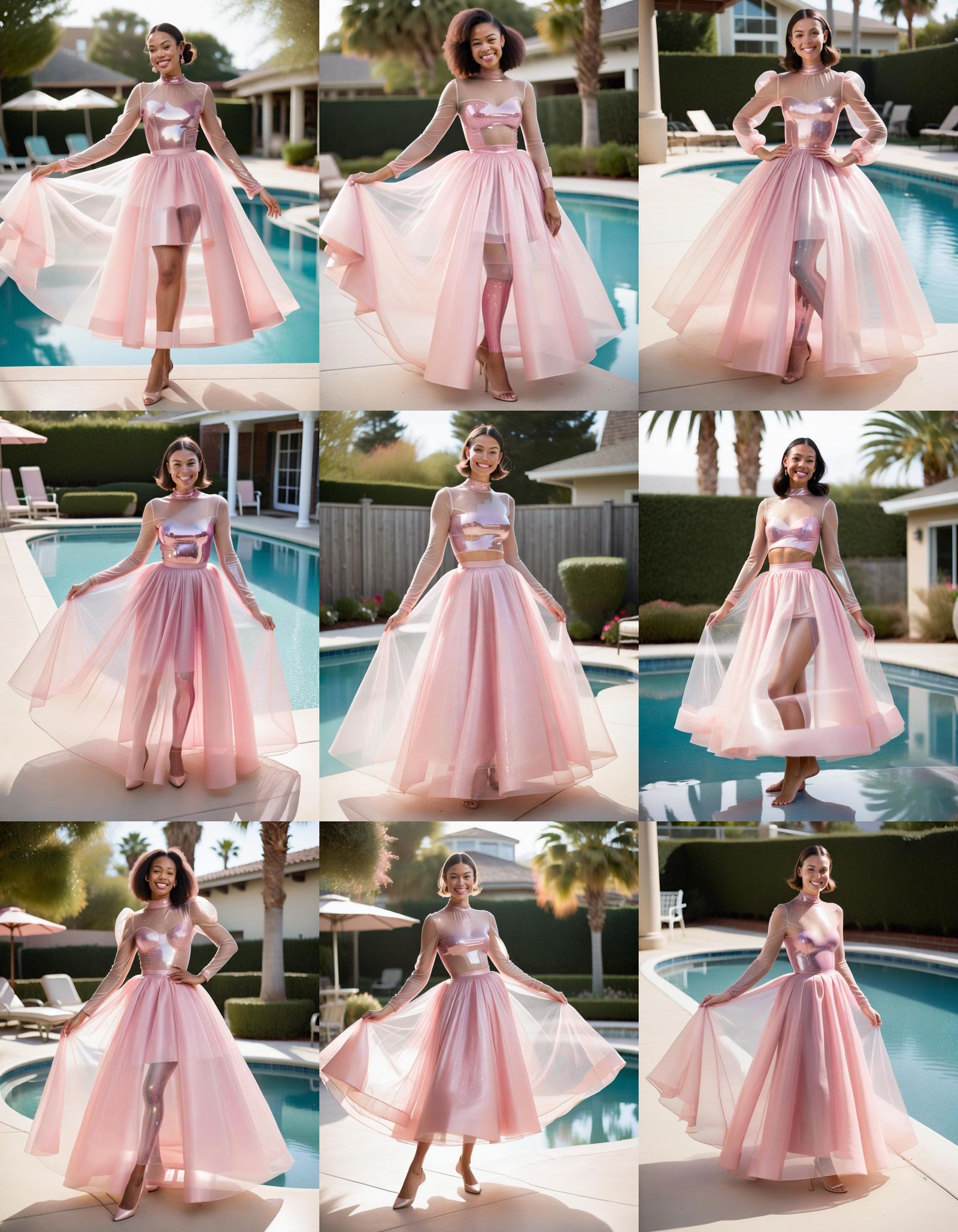 Woman in Sheer Pink Ballgown by Pool