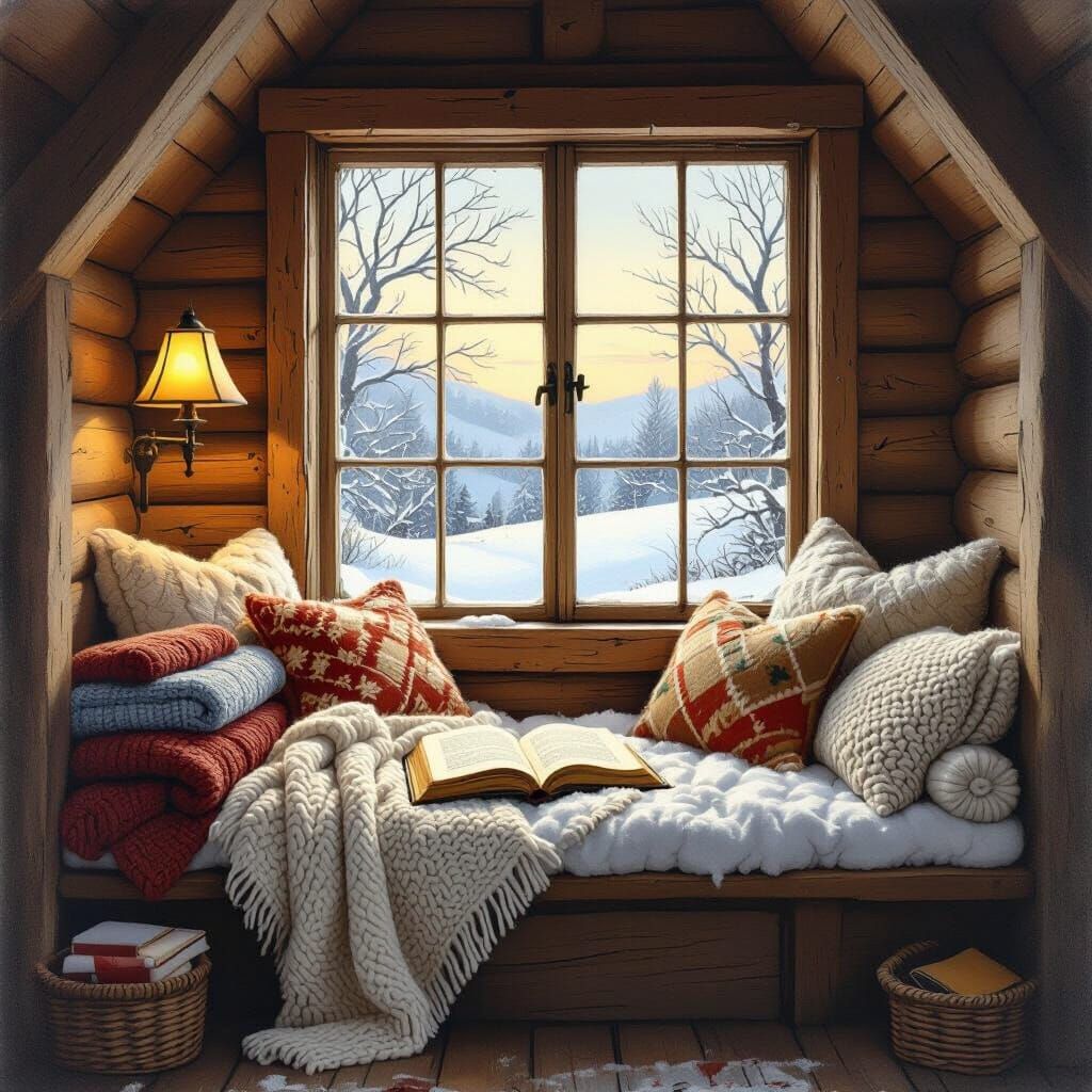 Cozy Cabin Reading Nook in Children's Book Style