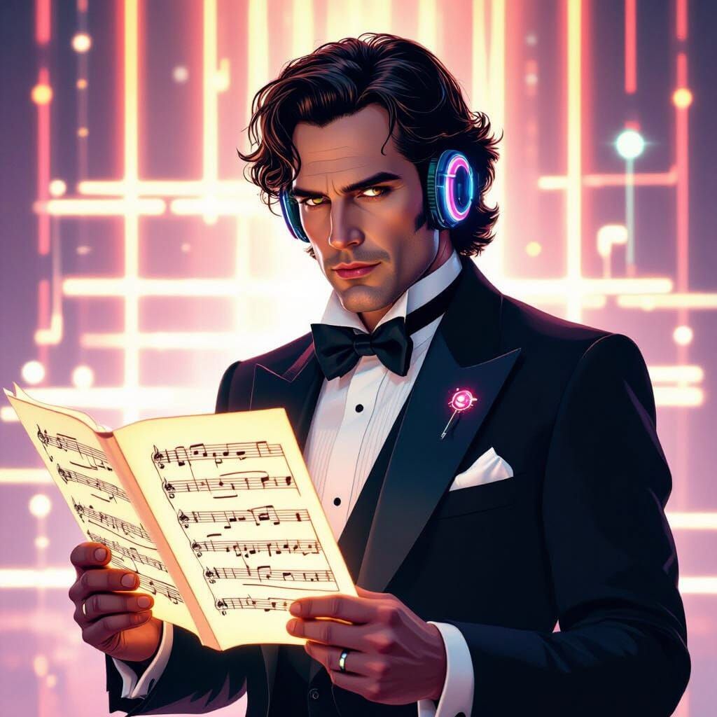 Futuristic Beethoven with Cybernetic Symphony of Light
