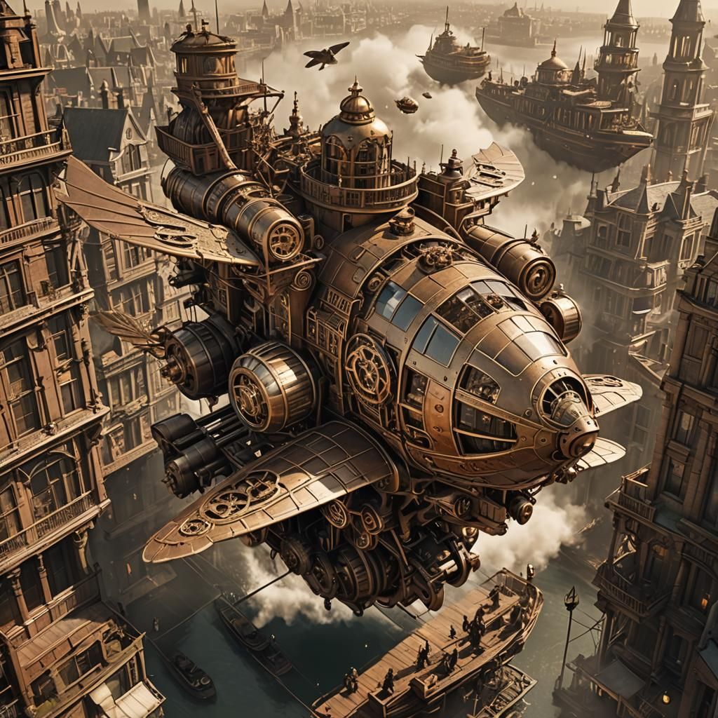 Steampunk Airship Over Victorian City in Sepia Tones