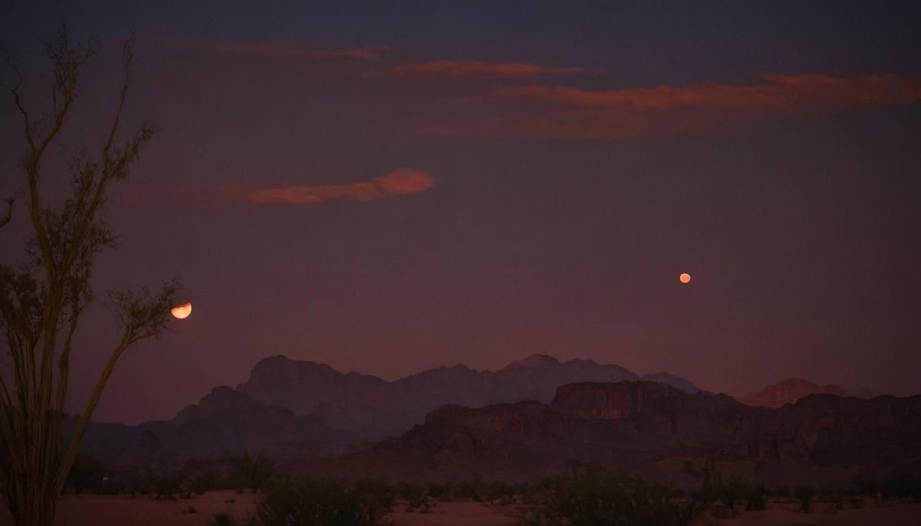 (Beautiful Desert Oasis Sunset With Two Full Moons In The Sk...