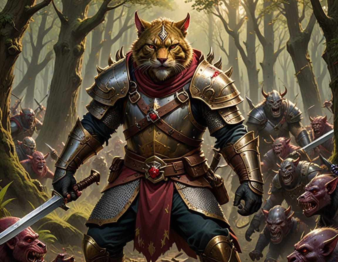 Tabaxi Warrior Battles Orcs in Rugged Forest