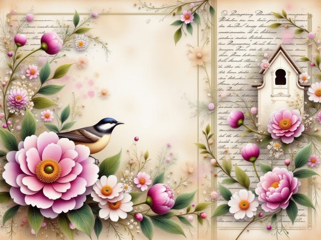 Whimsical Watercolor Scrapbook Page with Peonies and Birdhou...