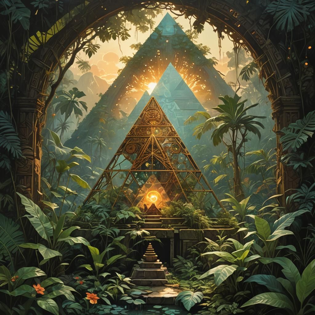 Mystical Ancient Shrine radiating light in a lush jungle