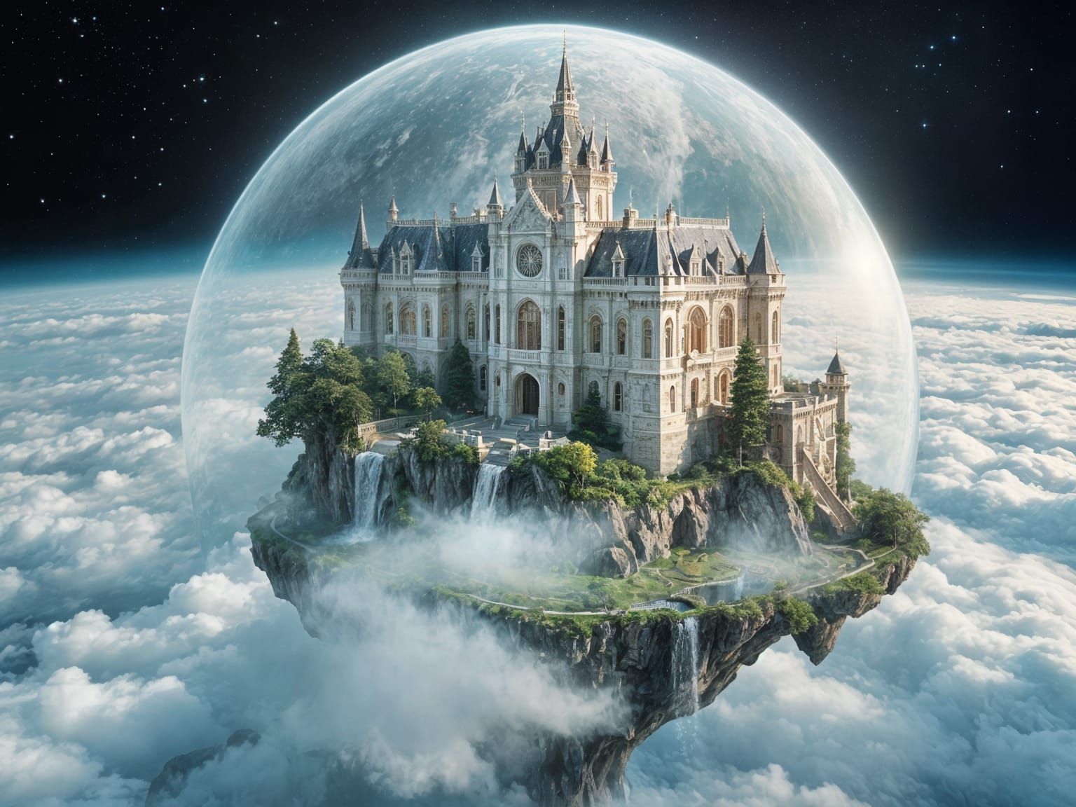 Majestic Castle on Floating Island Above Cloud Sea