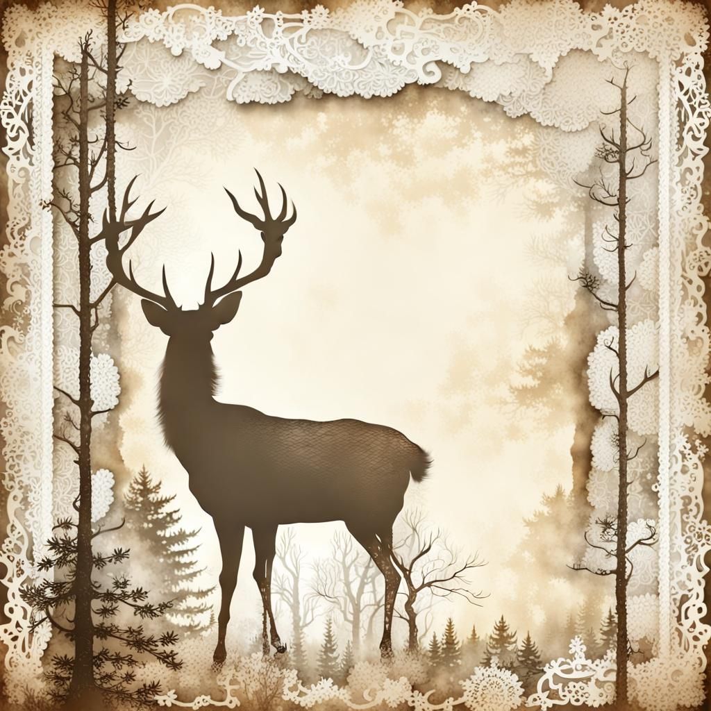 Deer in White Forest with Lace Paper Frame
