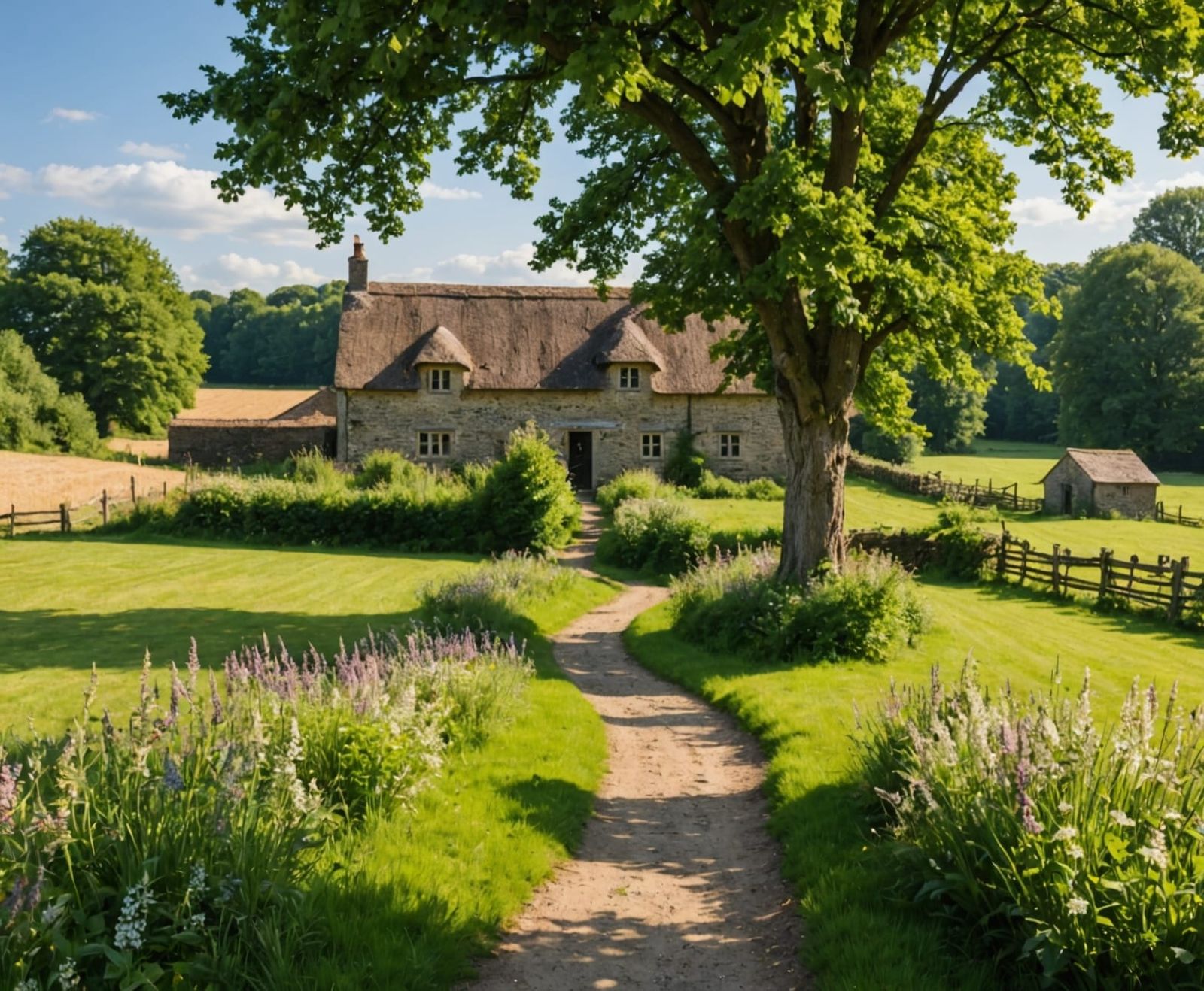 Scenic Old Farmhouse Path in Autumn