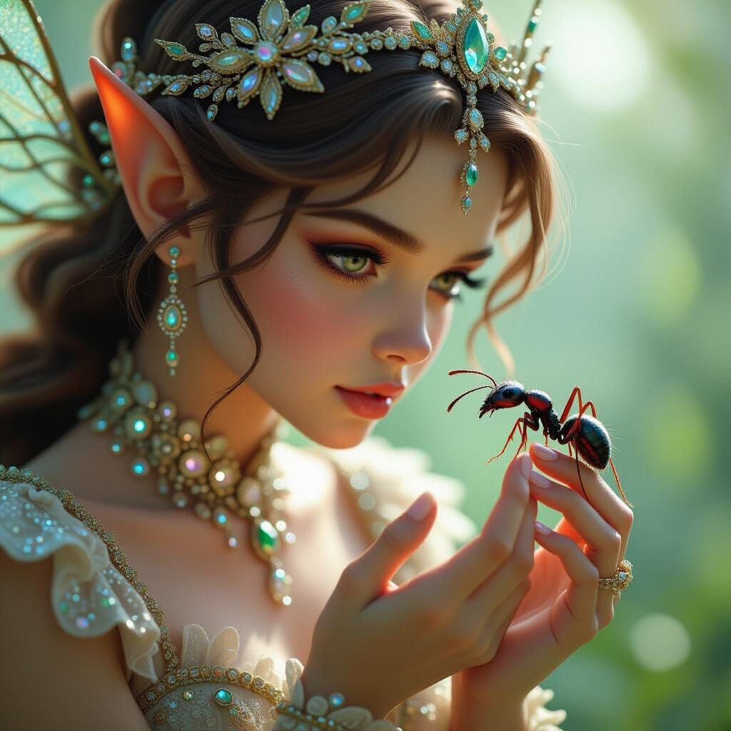 Fairy and Ant Encounter: Hyper-Realistic Close-Up