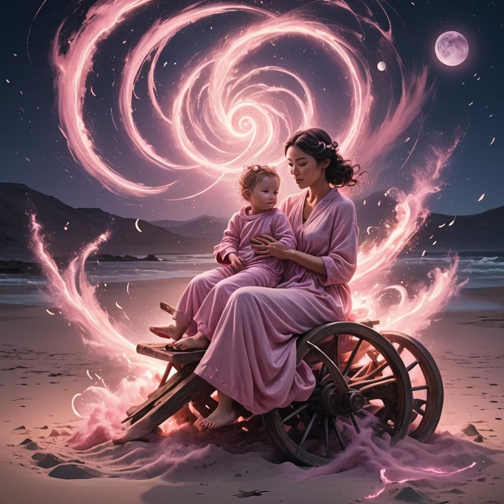 Moon Beach Mother and Baby in Ethereal Concept Art