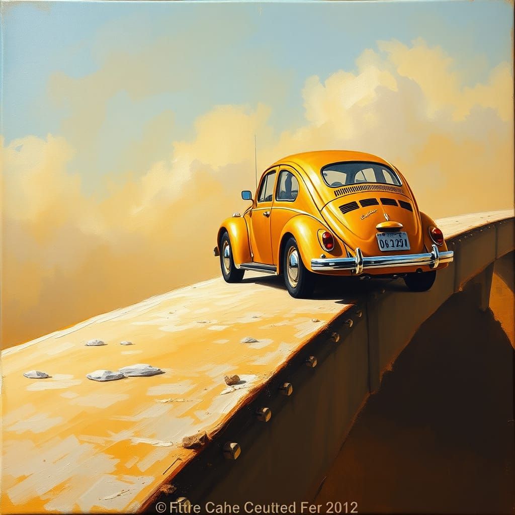 Gold VW Beetle on Bridge: Oil Painting