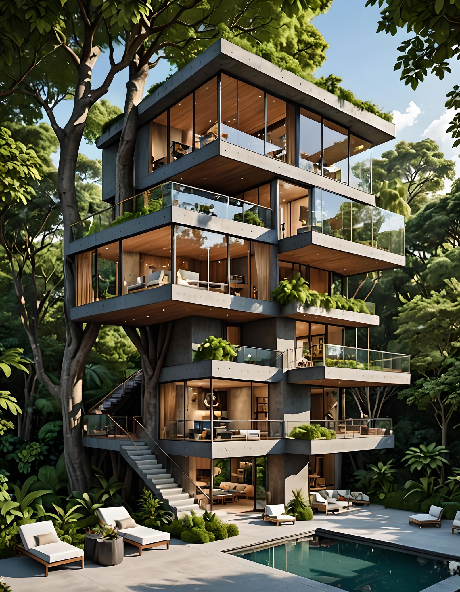 Modern Multi-Level Treehouse with Glass Walls