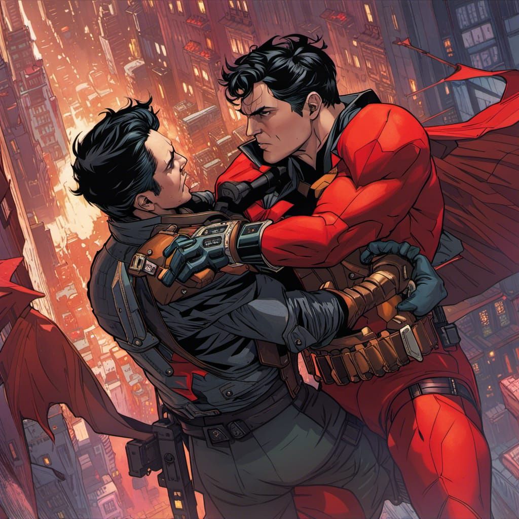 Dynamic Scene of Youthful Conflict in Art Nouveau Style