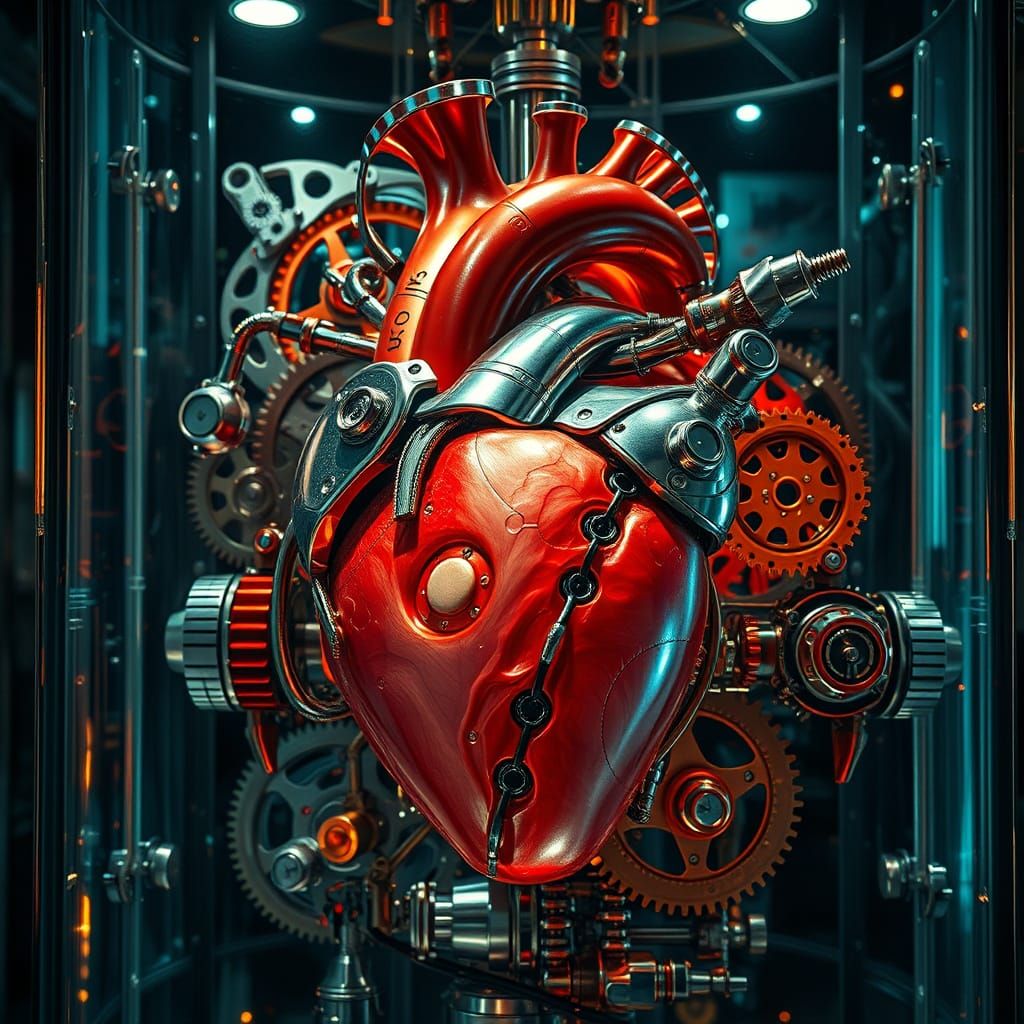 Biomechanical Heart in Glass Case, Dark Futurism