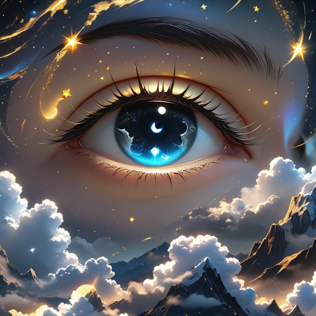 Eye Reflecting Moonlit Landscape in Anime Style