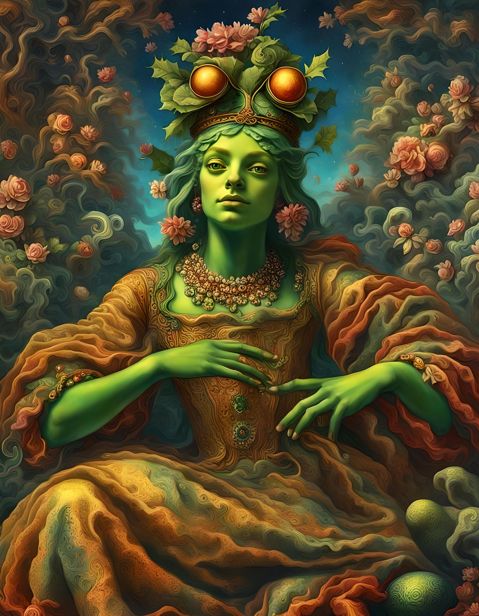 Holly frog goddess acid trip background, 1700s painting Italy acid trip background, 1700s painting  intricate details, H...