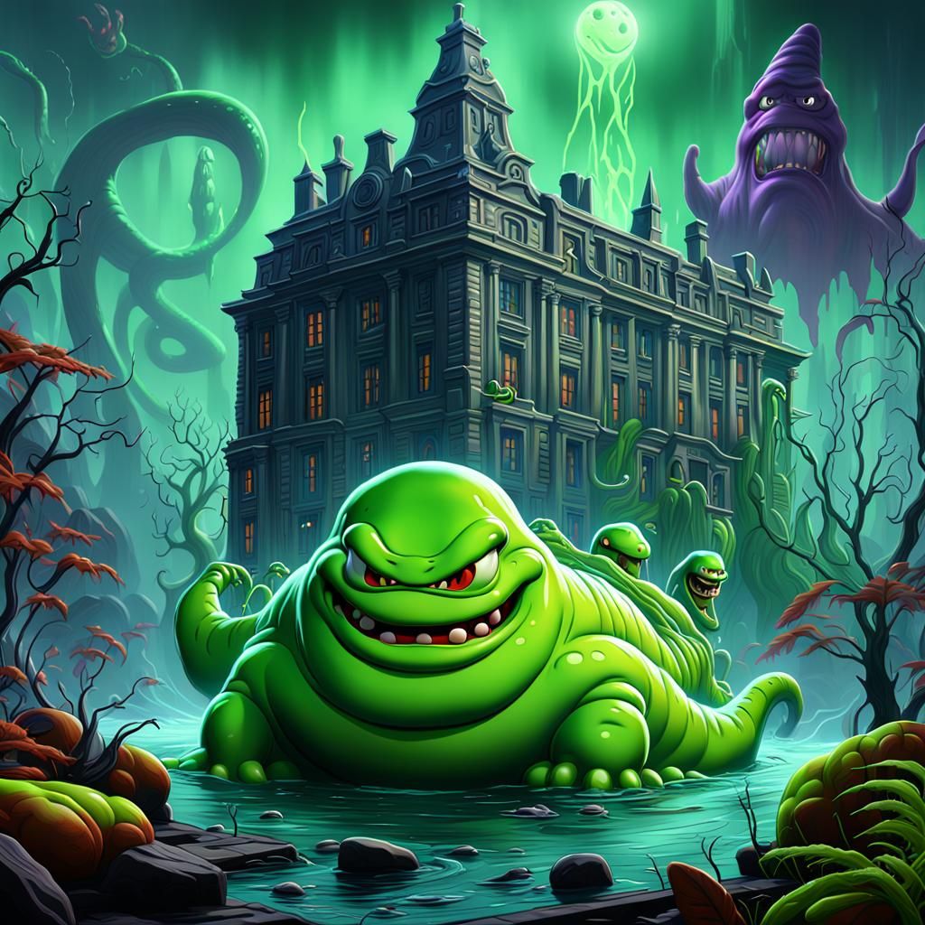 Ghostbusters Slimer Cartoon: Detailed Matte Painting