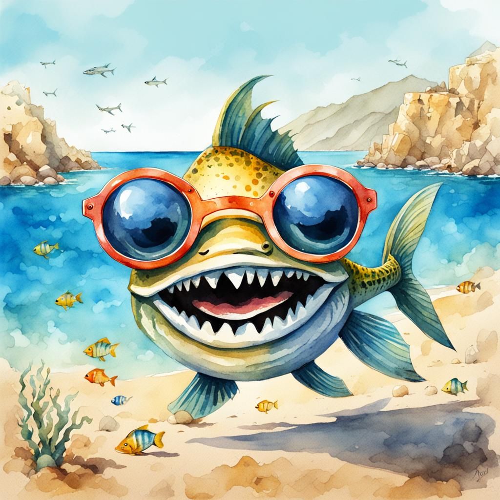 Funny Cartoon Fish with Sunglasses on a Greek Beach