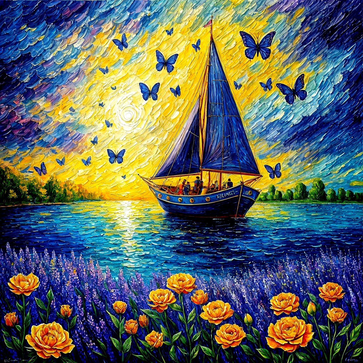 Sapphire Rocket Launch in Neo-Impressionist Style