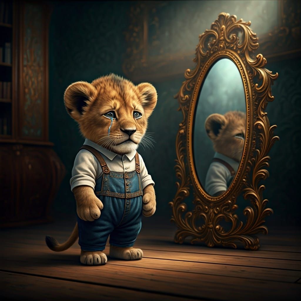 Crying Lion Cub in Ornate Mirror, Digital Art