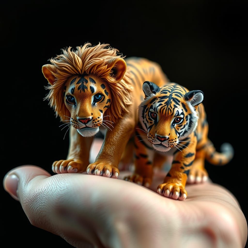 Miniature Lion and Tiger Prowling on a Hand
