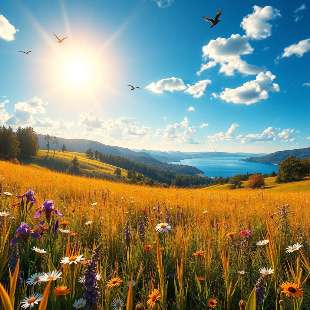 Idyllic Summer Landscape with Wildflowers and Rolling Hills