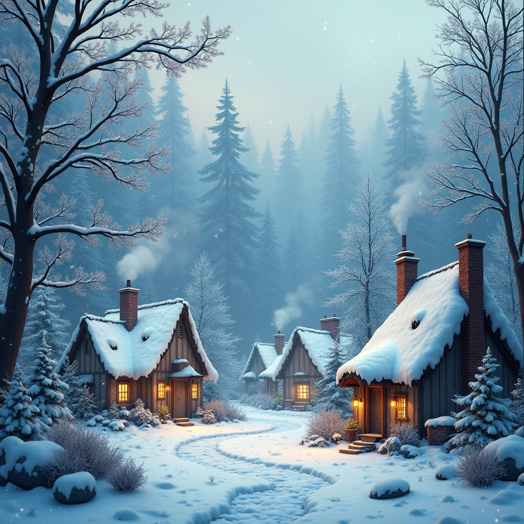 Snowy Village at Forest Edge in Fantasy Style