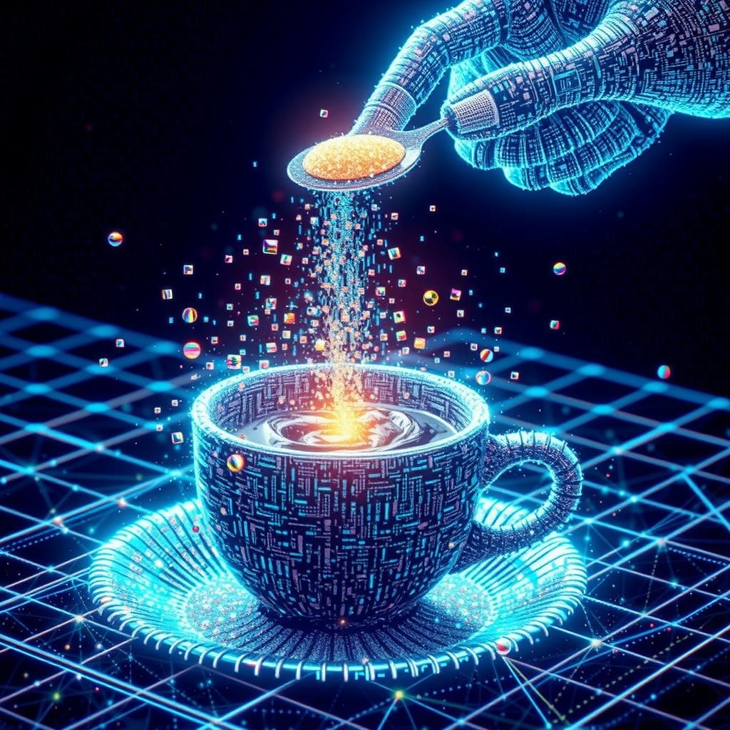 Synthwave Coffee Deconstructed into Pixels in Digital Art