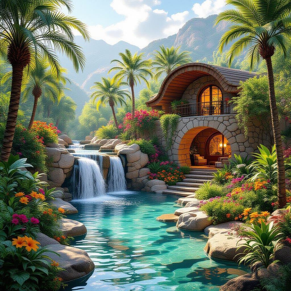Lush Desert Garden with Underground House, Cosmic Illustrati...