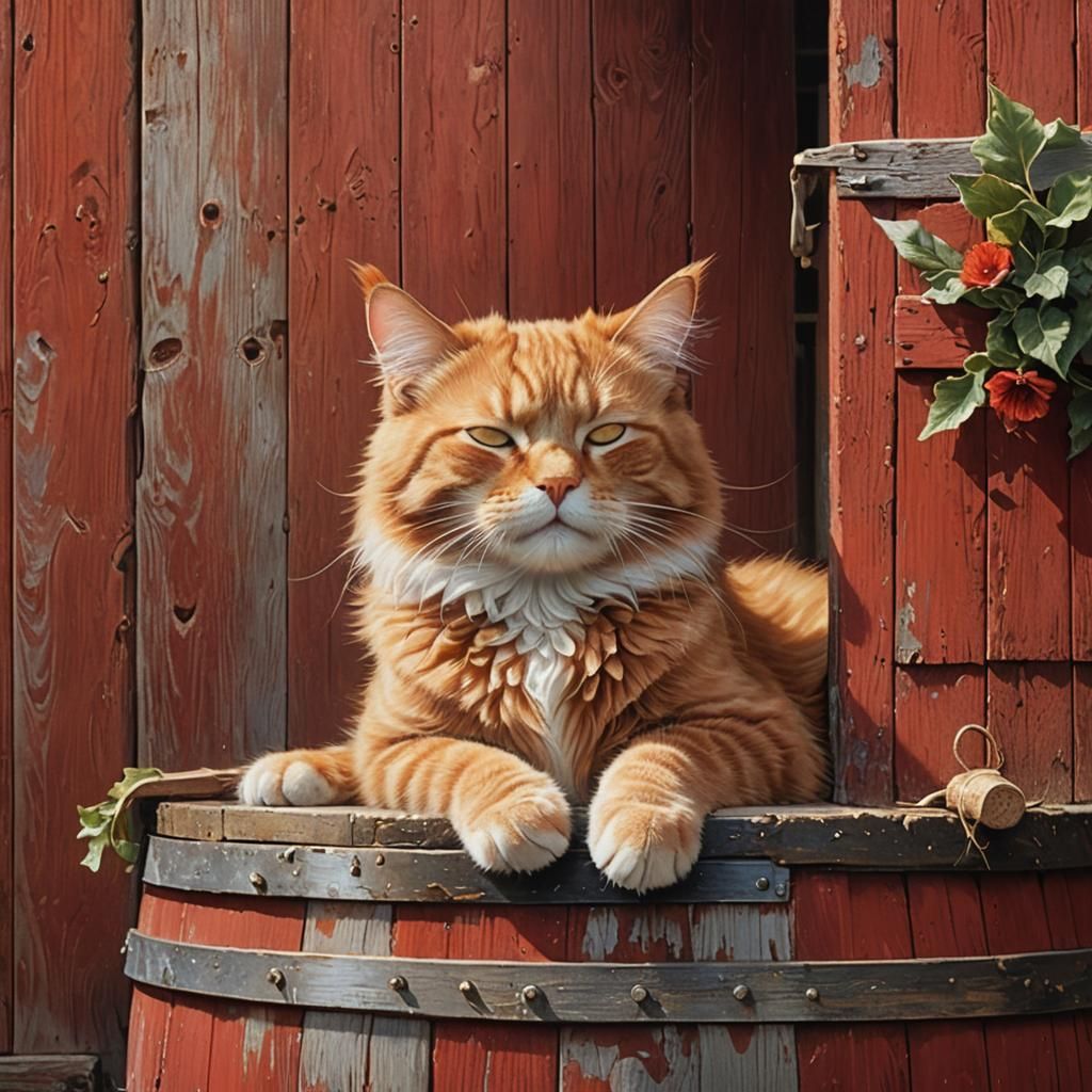 Sleeping Ginger Cat in Sunlit Barn: Kinkade Style