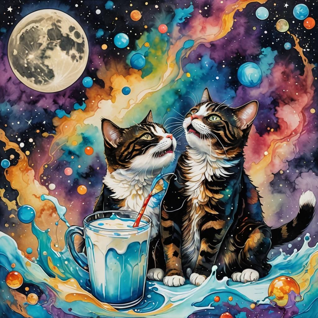 Cat Shares Milk Under Planetary Moon: Fantasy Art