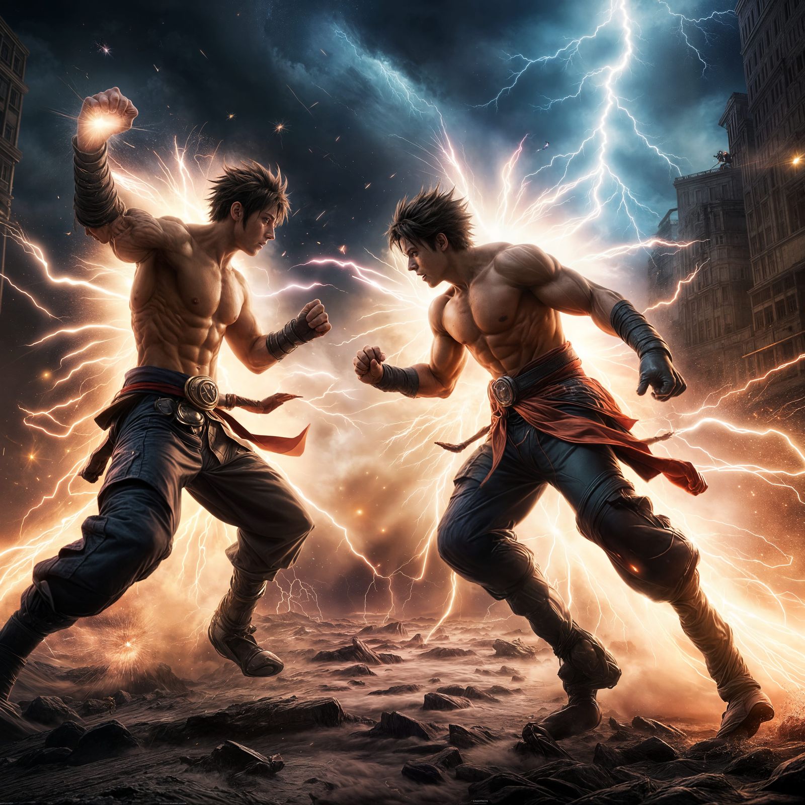 Intense Anime Battle: Rivals Clash with Energy Beams