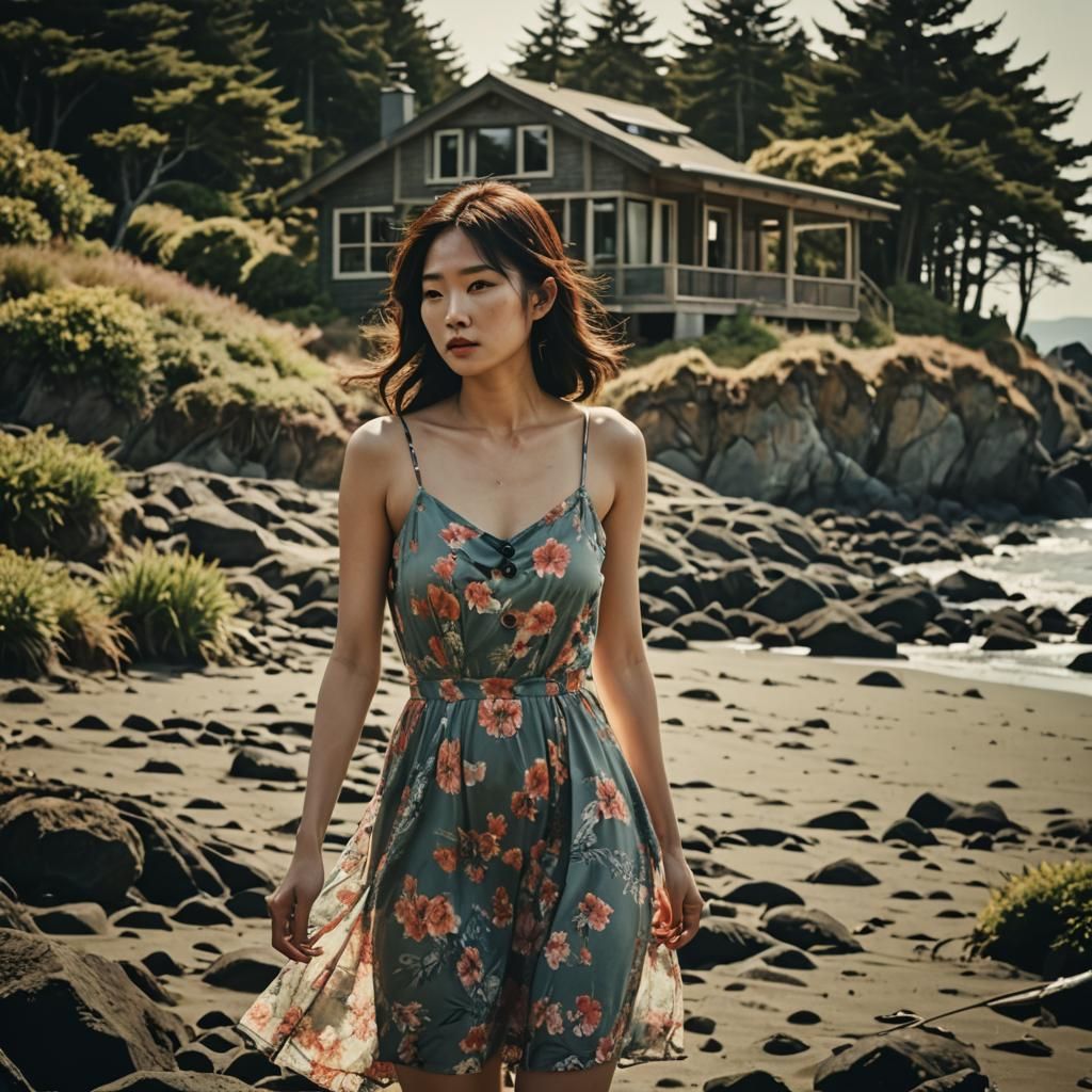 Korean Woman at Beach House: Cinematic Film Still