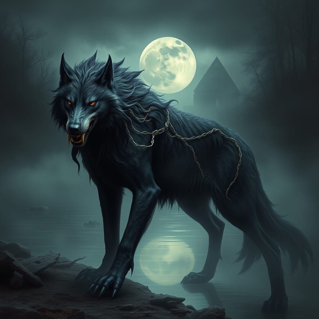 Hyper-Realistic Gothic Dire Wolf Hell Hound by Moonlit River...