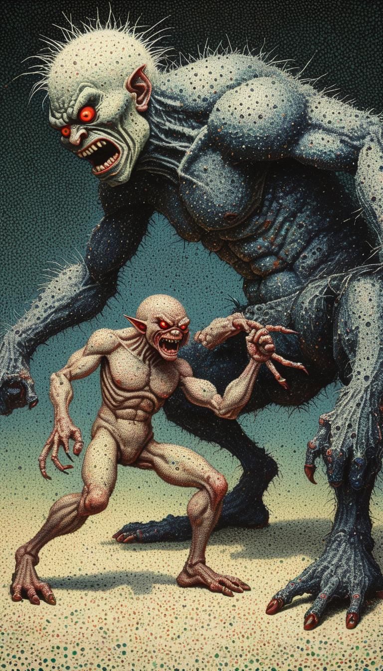 A spider like Japanese troll fights an ugly humanoid, kineti...