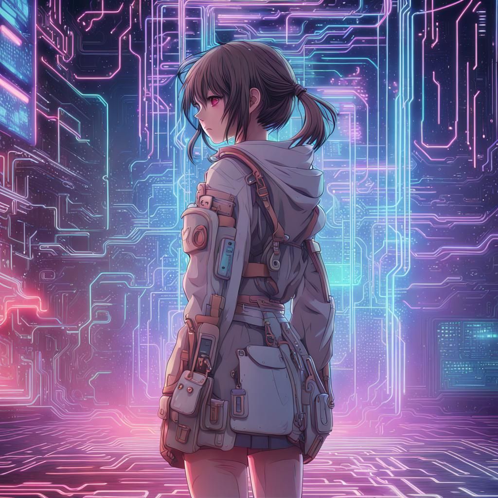 Anime Girl in Glowing Cyberpunk World
