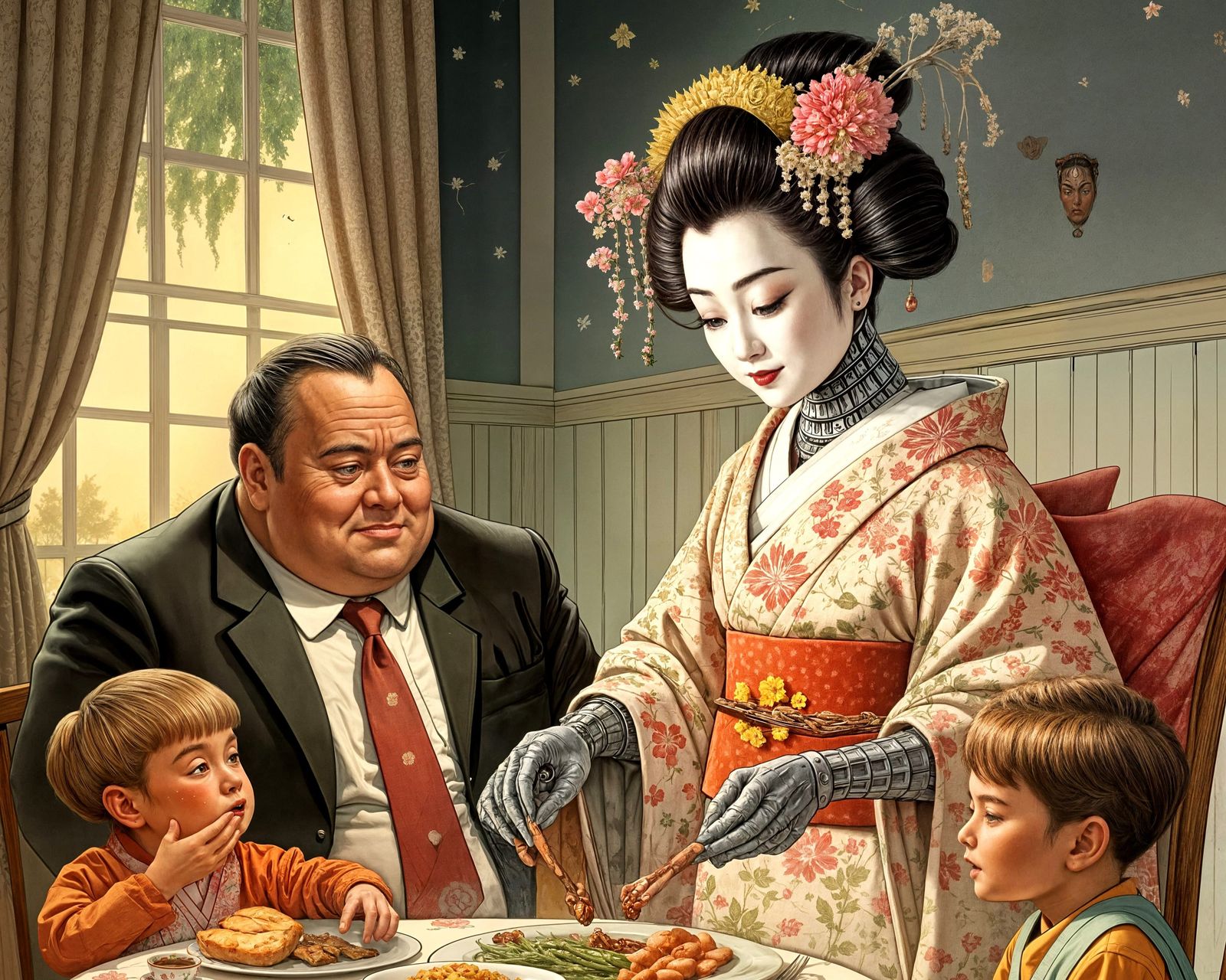 Cyborg Geisha Serves Dinner in 1950s Kitchen