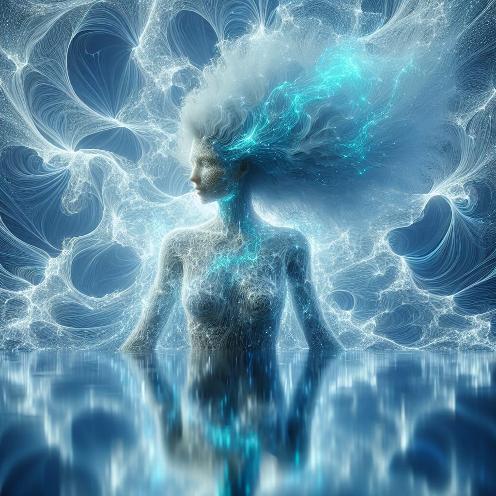 Ethereal Blue Woman in Swirling Fractals
